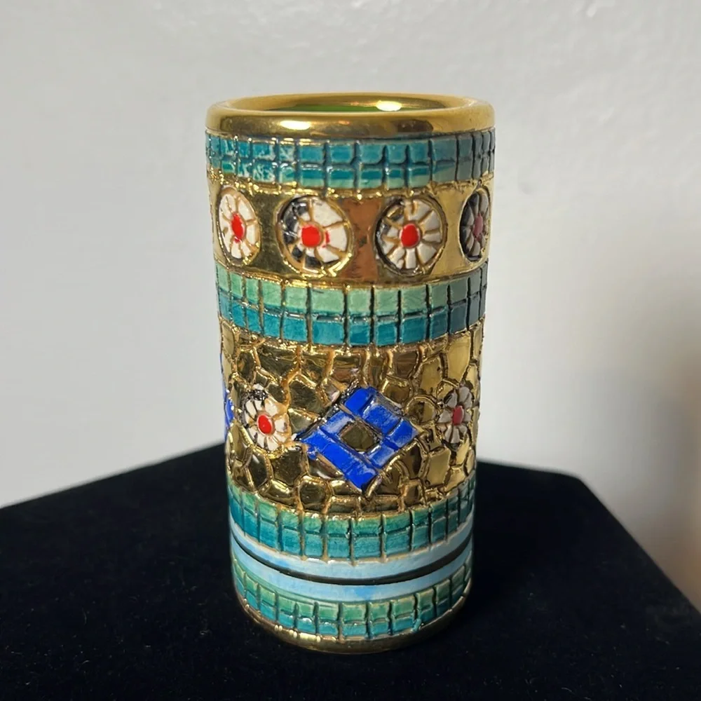 Ceramiche D’Arte Mario Sambuco Italy Miniature Mosaic Hand Painted Cylinder Vase